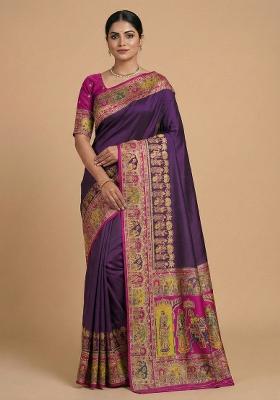 Wine Woven Design Silk Saree Set