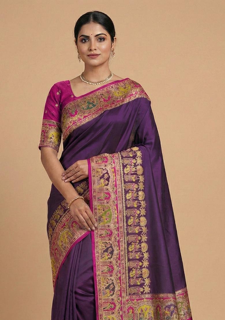 Wine Woven Design Silk Saree Set - Indya