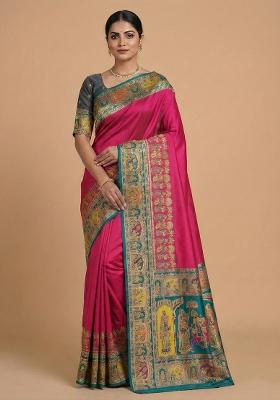 Pink Woven Design Silk Saree Set