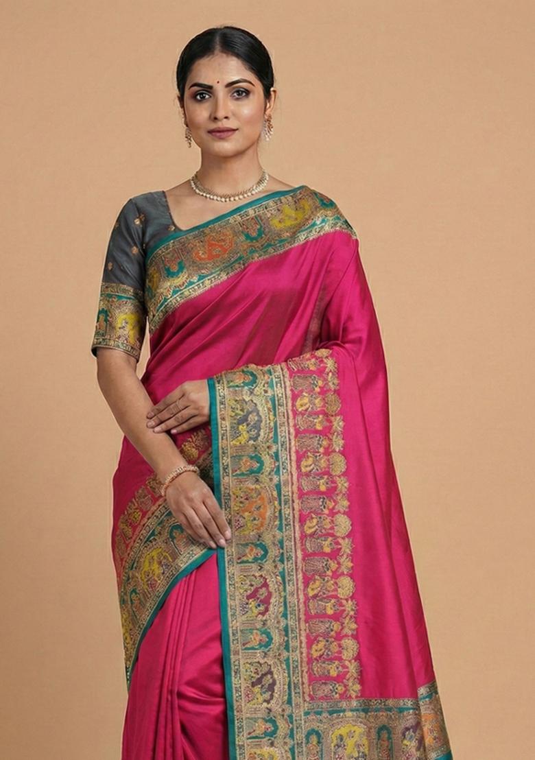 Pink Woven Design Silk Saree Set - Indya