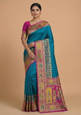 Teal Woven Design Silk Saree Set