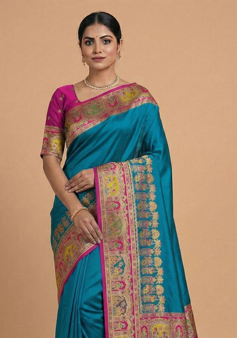 Teal Woven Design Silk Saree Set - Indya