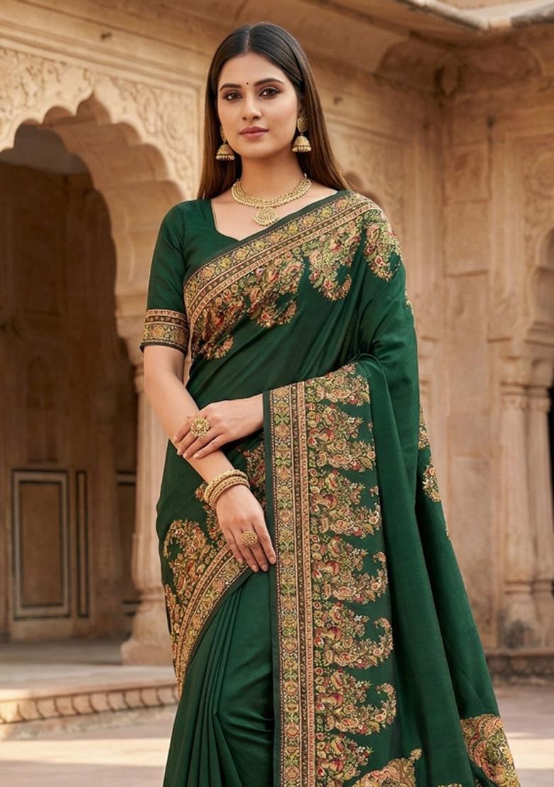 Green Woven Design Silk Saree Set - Indya