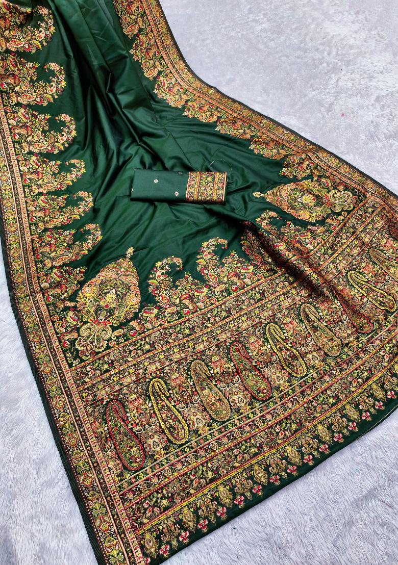 Green Woven Design Silk Saree Set - Indya