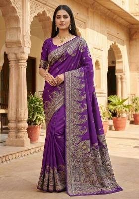 Purple Woven Design Silk Saree Set