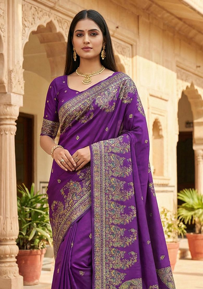 Purple Woven Design Silk Saree Set - Indya