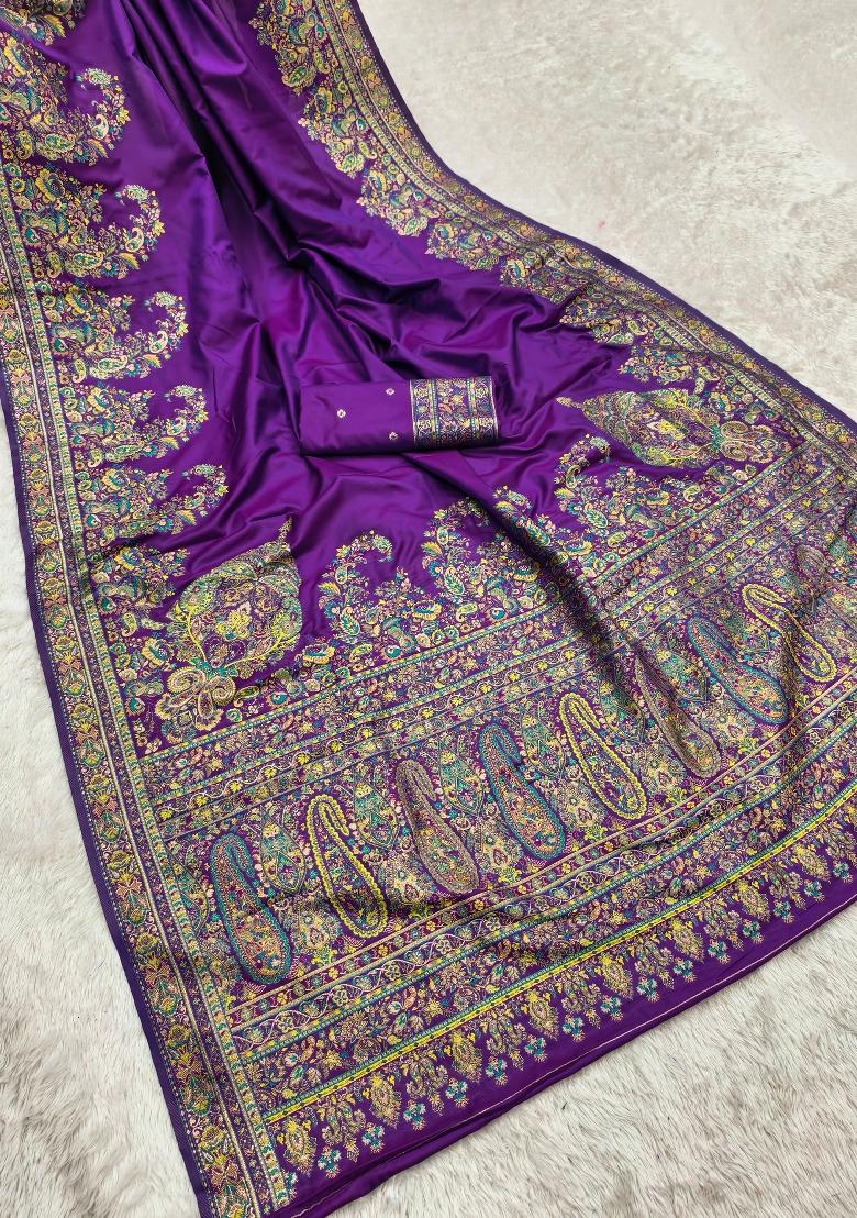 Purple Woven Design Silk Saree Set - Indya
