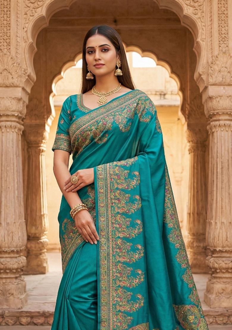 Sky Blue Woven Design Silk Saree Set - Indya
