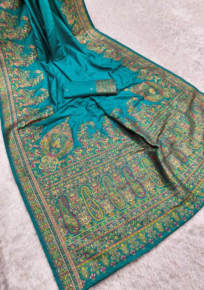 Sky Blue Woven Design Silk Saree Set - Indya