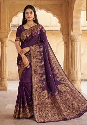 Wine Woven Design Silk Saree Set
