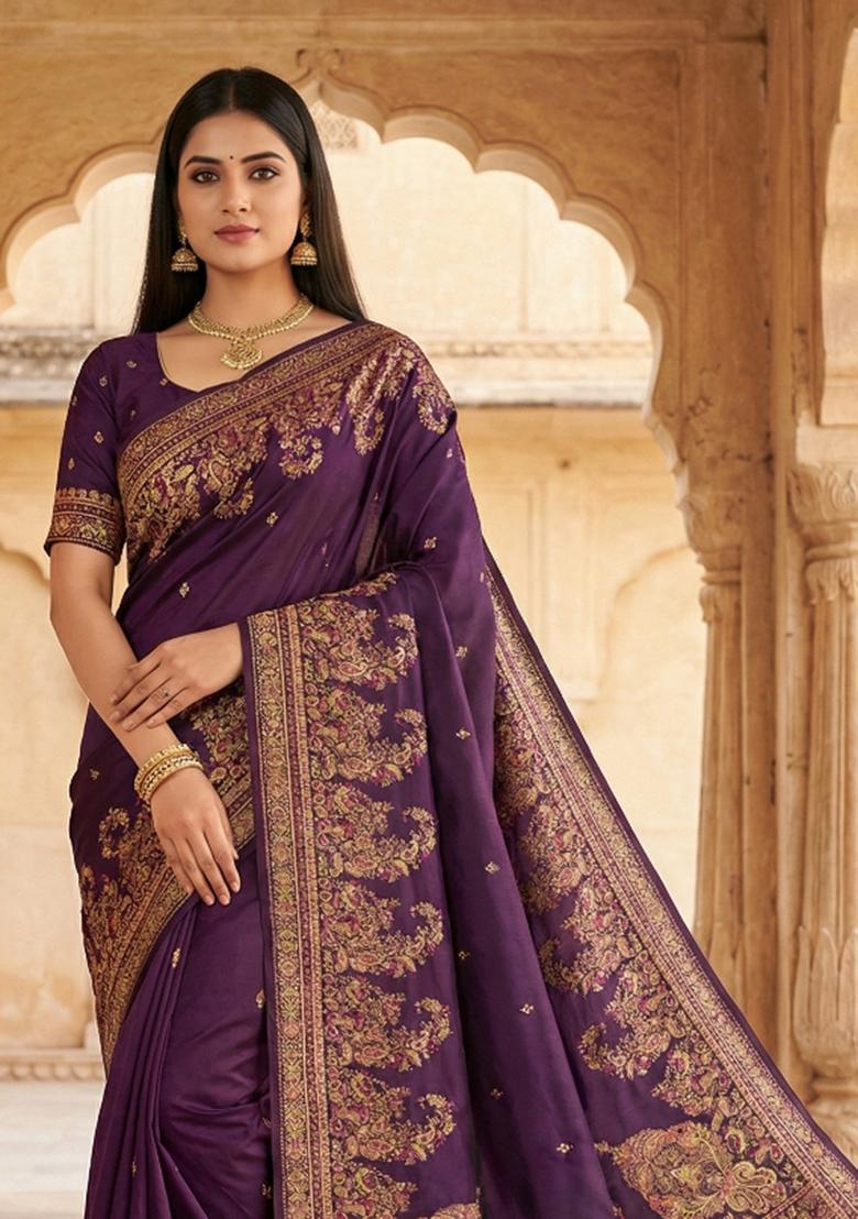 Wine Woven Design Silk Saree Set - Indya