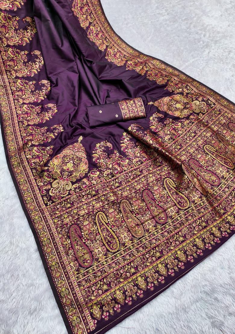 Wine Woven Design Silk Saree Set - Indya
