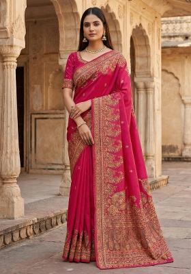 Pink Woven Design Silk Saree Set