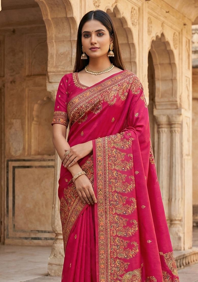 Pink Woven Design Silk Saree Set - Indya