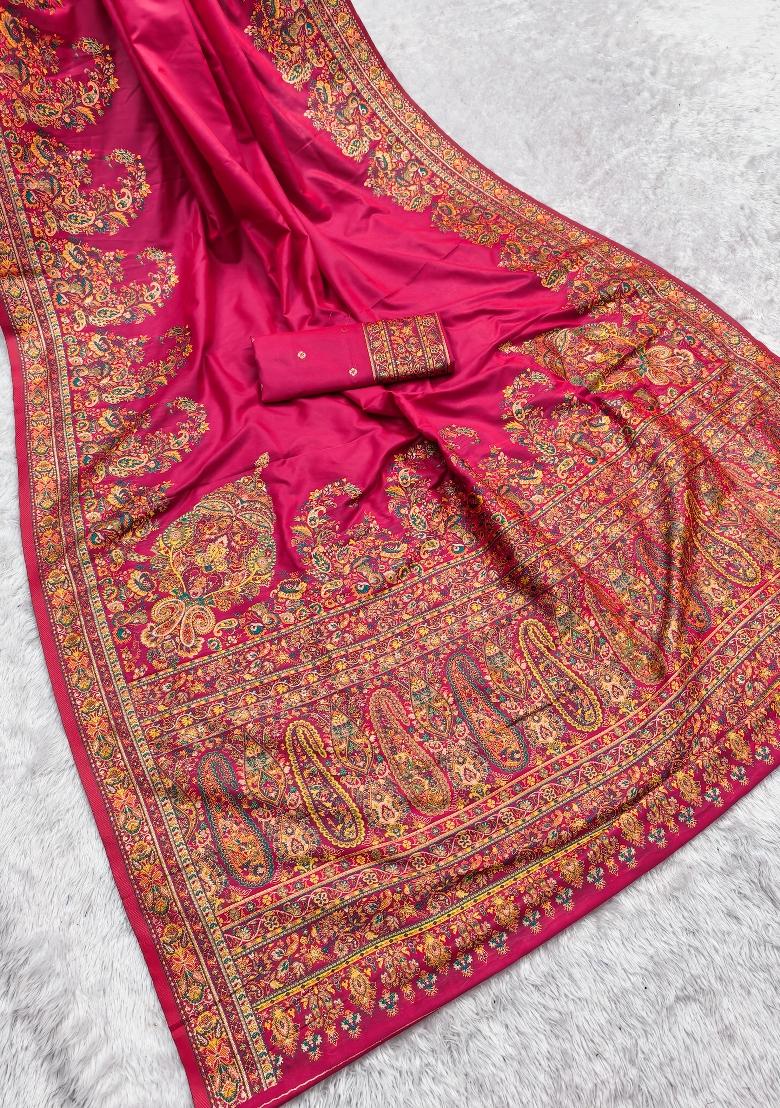 Pink Woven Design Silk Saree Set - Indya