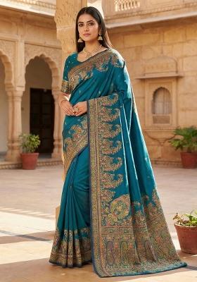 Teal Woven Design Silk Saree Set