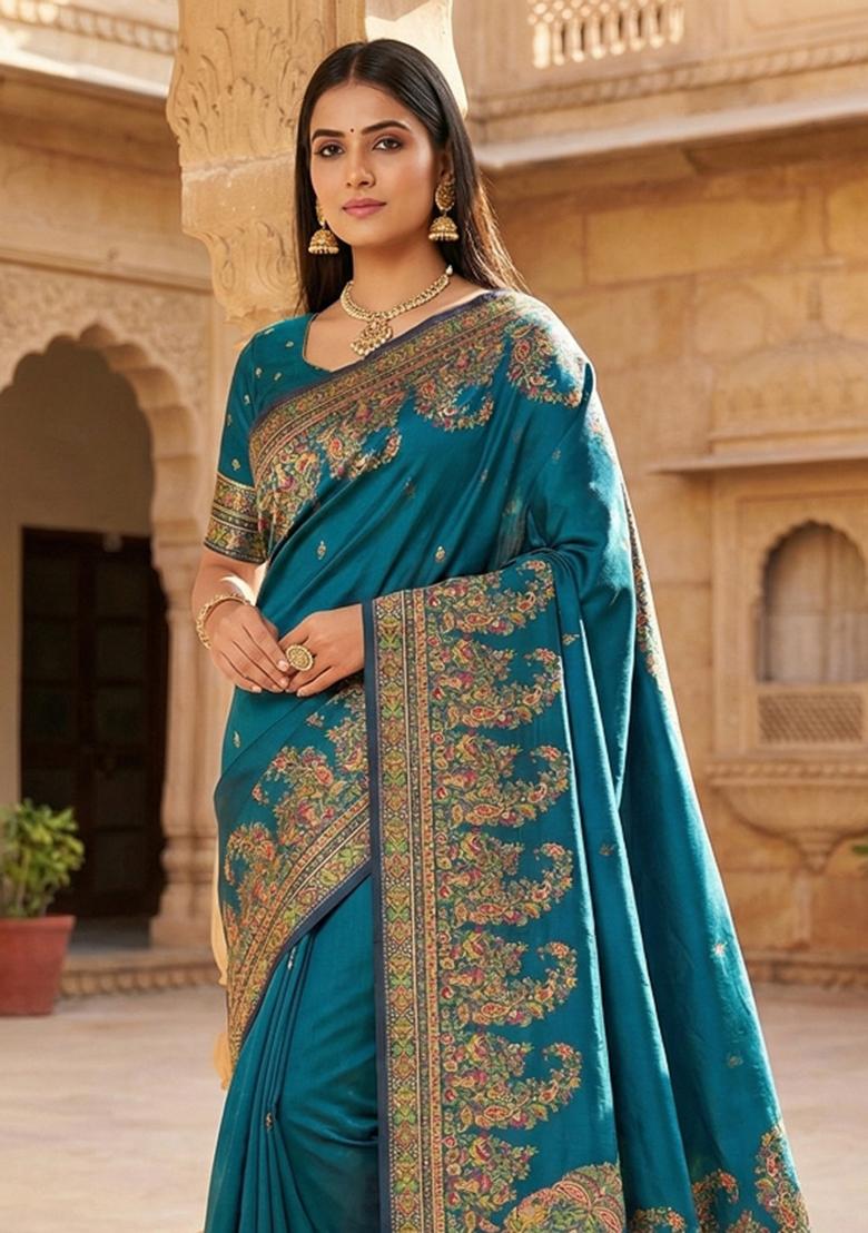 Teal Woven Design Silk Saree Set - Indya