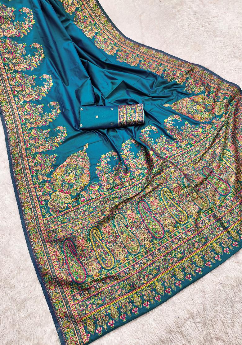 Teal Woven Design Silk Saree Set - Indya