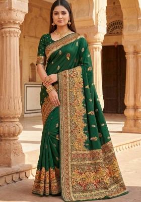 Green Woven Design Silk Saree Set
