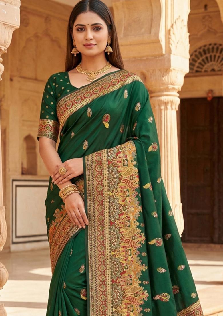 Green Woven Design Silk Saree Set - Indya