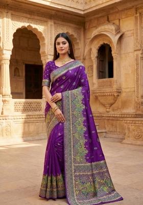 Purple Woven Design Silk Saree Set