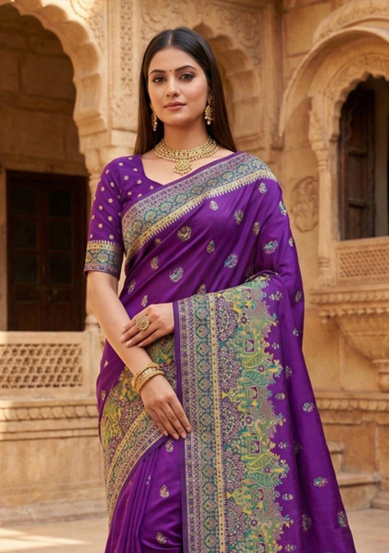 Purple Woven Design Silk Saree Set - Indya