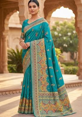 Sky Blue Woven Design Silk Saree Set