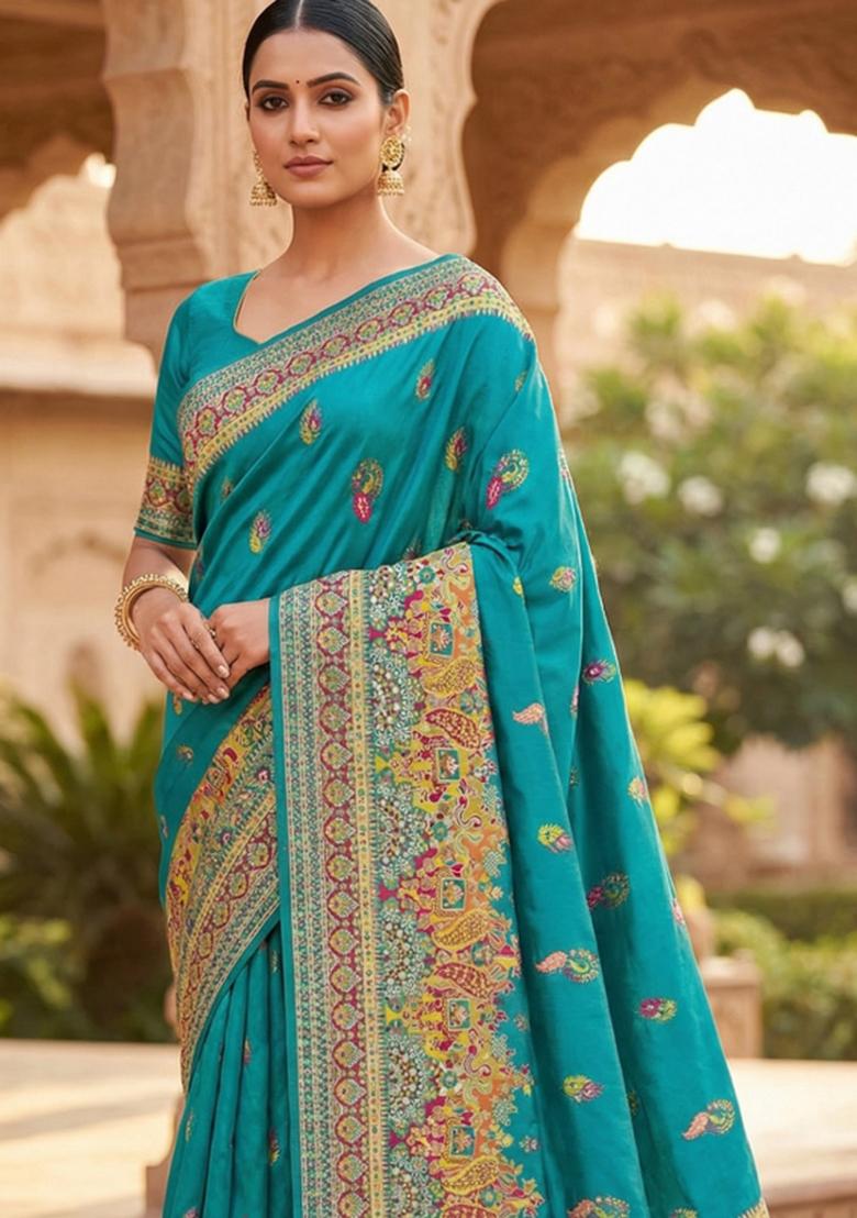 Sky Blue Woven Design Silk Saree Set - Indya