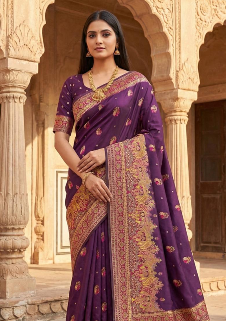 Wine Woven Design Silk Saree Set - Indya