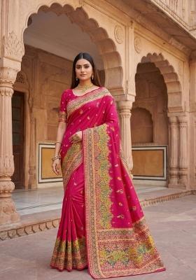 Pink Woven Design Silk Saree Set