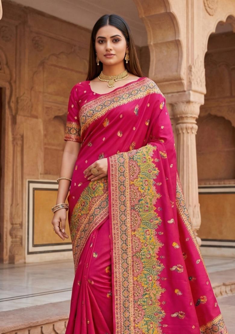 Pink Woven Design Silk Saree Set - Indya