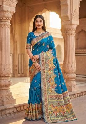Teal Woven Design Silk Saree Set