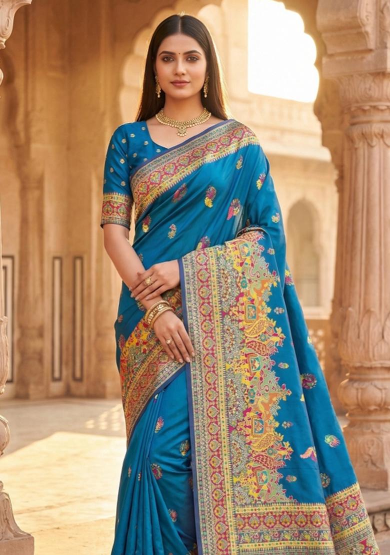 Teal Woven Design Silk Saree Set - Indya