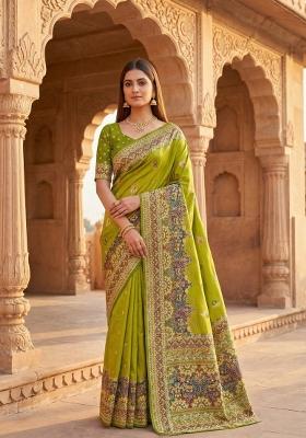 Parrot Green Woven Design Silk Saree Set