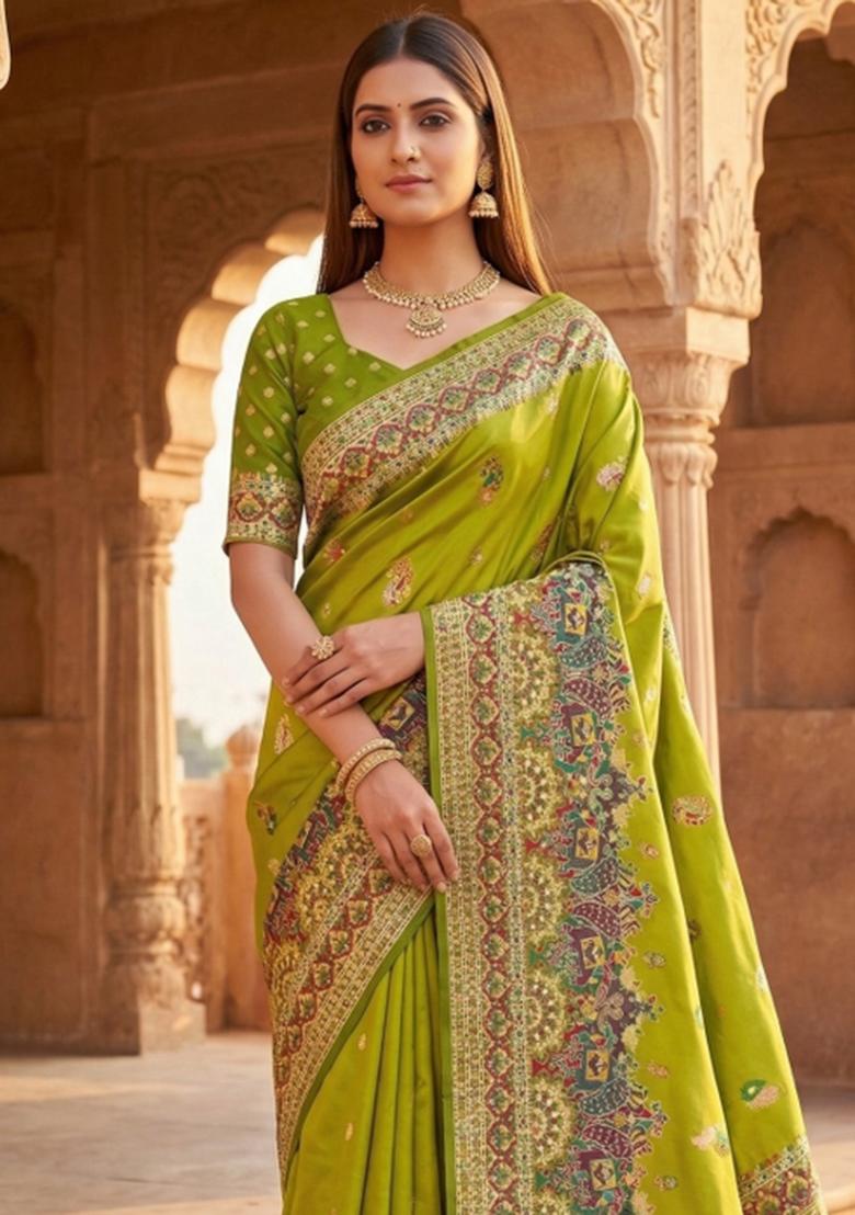 Parrot Green Woven Design Silk Saree Set - Indya