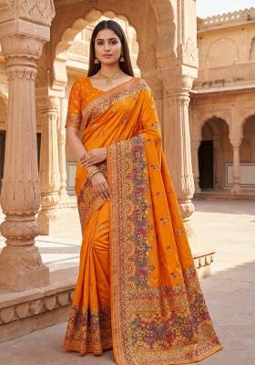 Orange Woven Design Silk Saree Set