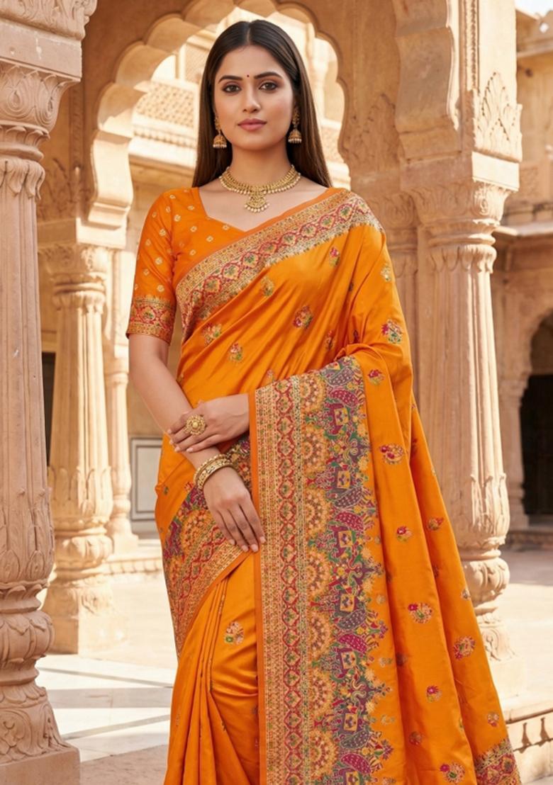 Orange Woven Design Silk Saree Set - Indya