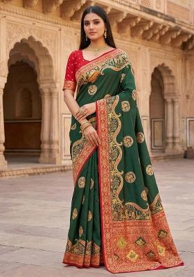 Green Woven Design Silk Saree Set