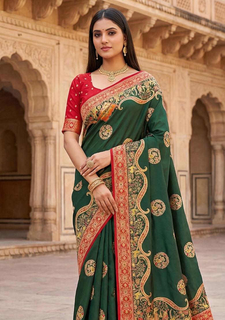 Green Woven Design Silk Saree Set - Indya