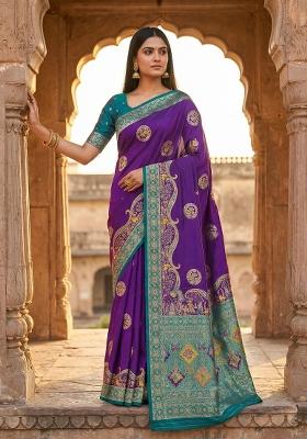 Purple Woven Design Silk Saree Set