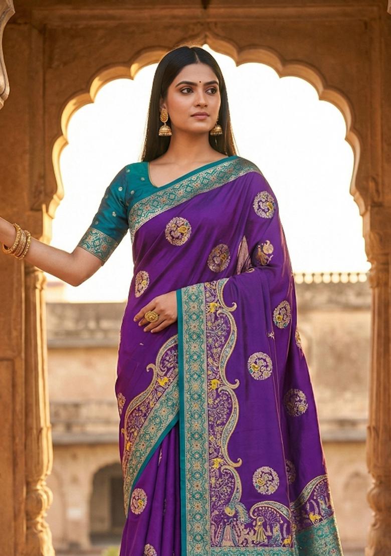 Purple Woven Design Silk Saree Set - Indya