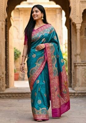 Sky Blue Woven Design Silk Saree Set