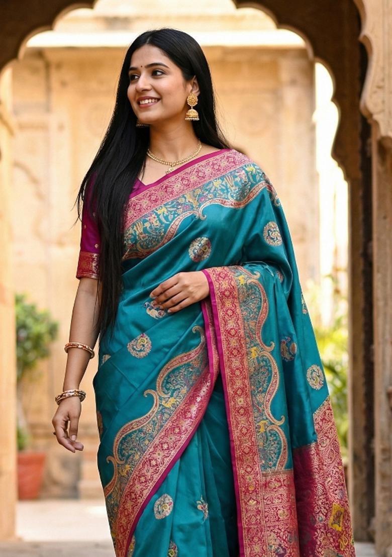 Sky Blue Woven Design Silk Saree Set - Indya