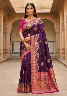 Wine Woven Design Silk Saree Set
