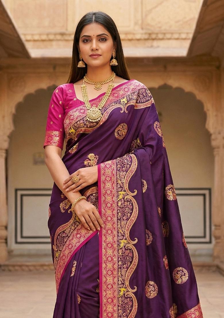 Wine Woven Design Silk Saree Set - Indya