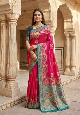 Pink Woven Design Silk Saree Set