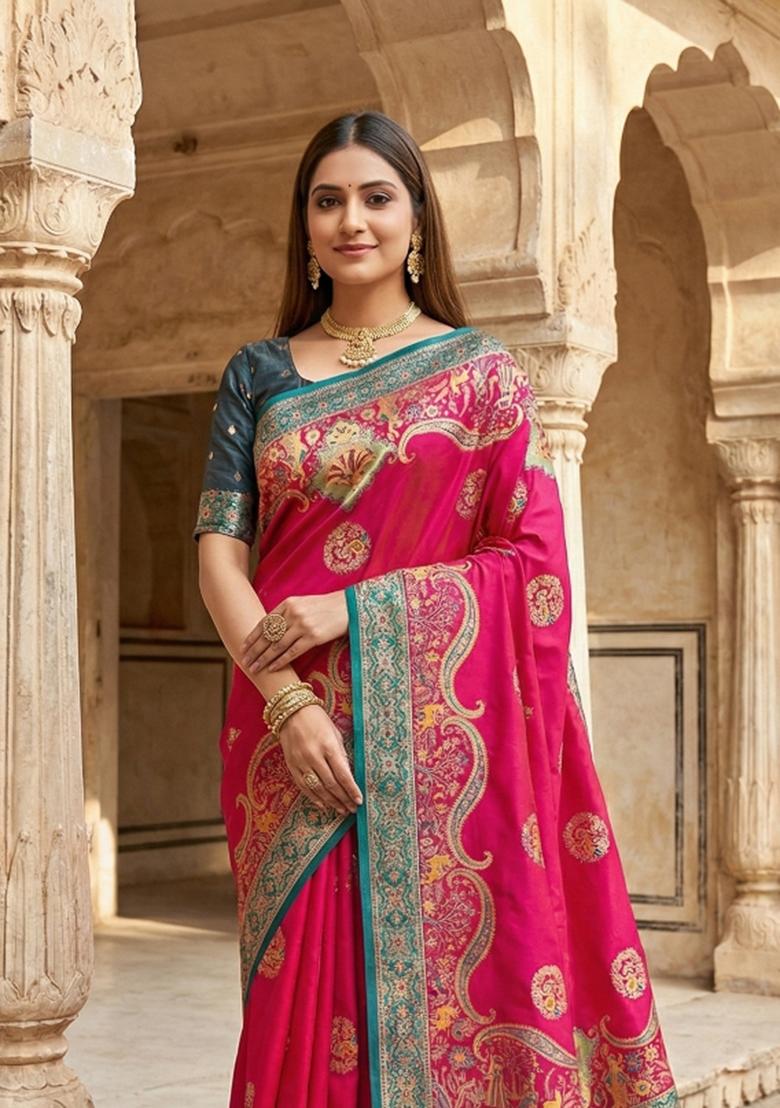 Pink Woven Design Silk Saree Set - Indya