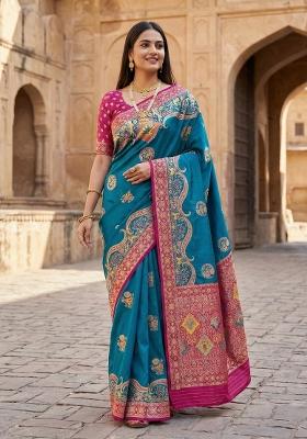 Teal Woven Design Silk Saree Set