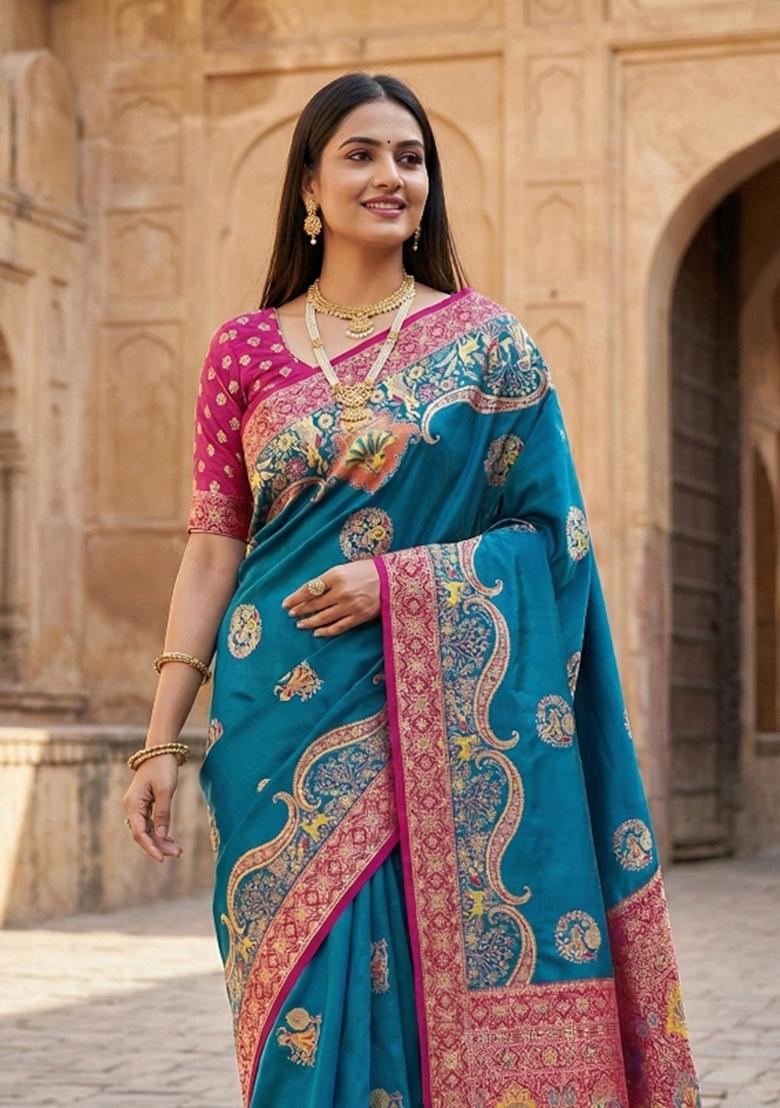 Teal Woven Design Silk Saree Set - Indya