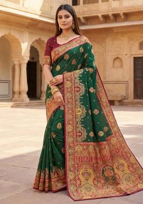 Green Woven Design Silk Saree Set